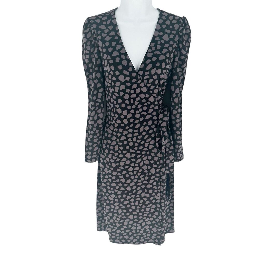 Ann Taylor Dress Womens Petite 2 Black Print Wrap Long Sleeve Jersey Knit NEW
